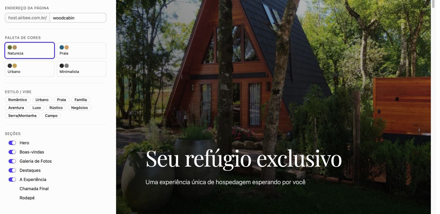 Editor de site por acomodação com endereço, paleta, estilos, seções e prévia visual