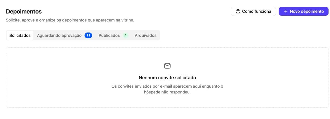 Central de depoimentos com solicitações, aprovações, publicações e arquivamentos