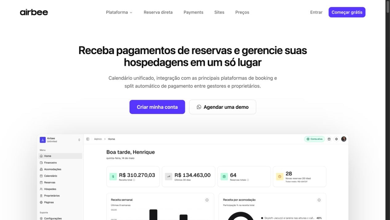 Página inicial do site da Airbee com apresentação da plataforma e visão do painel de gestão de hospedagens