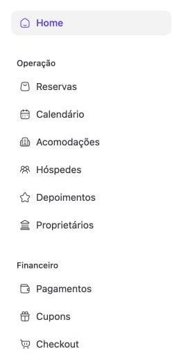 Menu do painel da Airbee com as áreas Home, Reservas, Calendário, Acomodações, Hóspedes, Depoimentos, Proprietários, Pagamentos, Cupons e Checkout