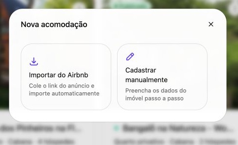 Janela Nova acomodação com as opções Importar do Airbnb e Cadastrar manualmente