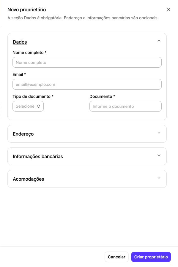 Nova ficha de proprietário organizada por dados, endereço, banco e acomodações