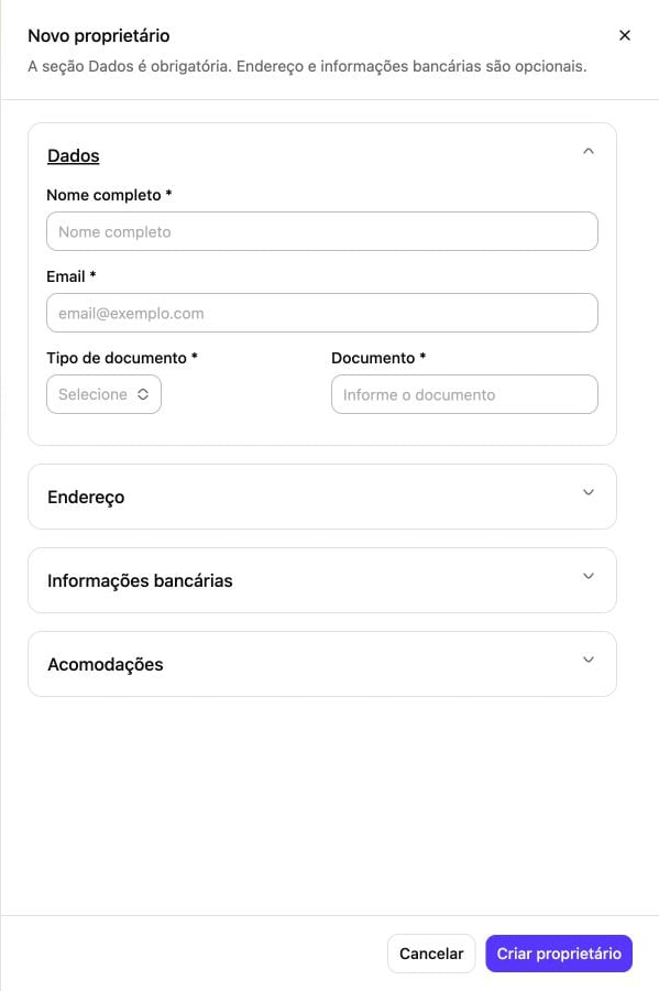 Nova ficha de proprietário organizada por dados, endereço, banco e acomodações