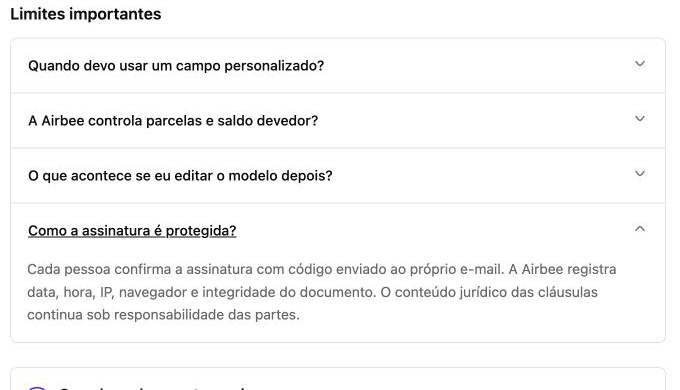 Informações de proteção e registro da assinatura digital do contrato