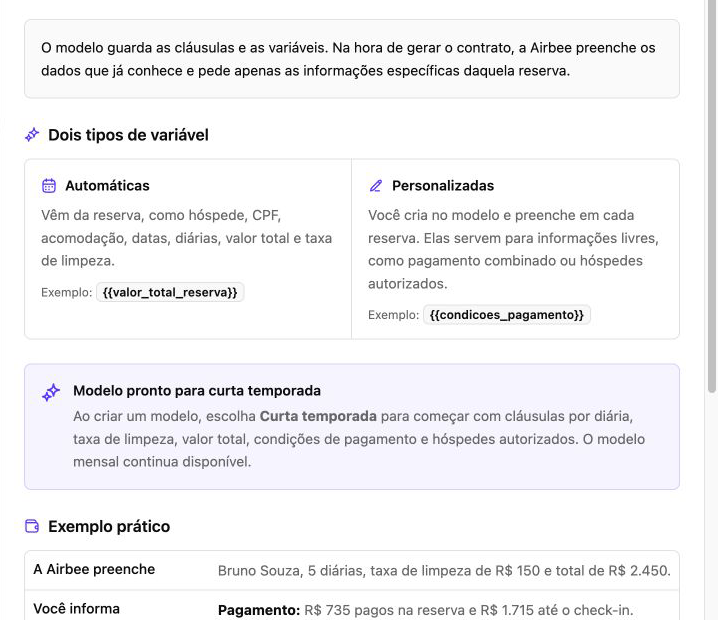 Explicação dos campos automáticos e personalizados usados nos contratos