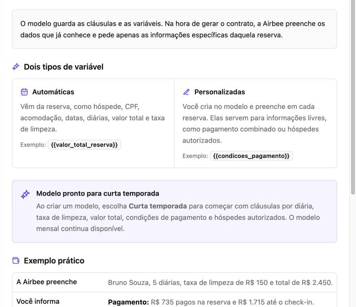Explicação dos campos automáticos e personalizados usados nos contratos