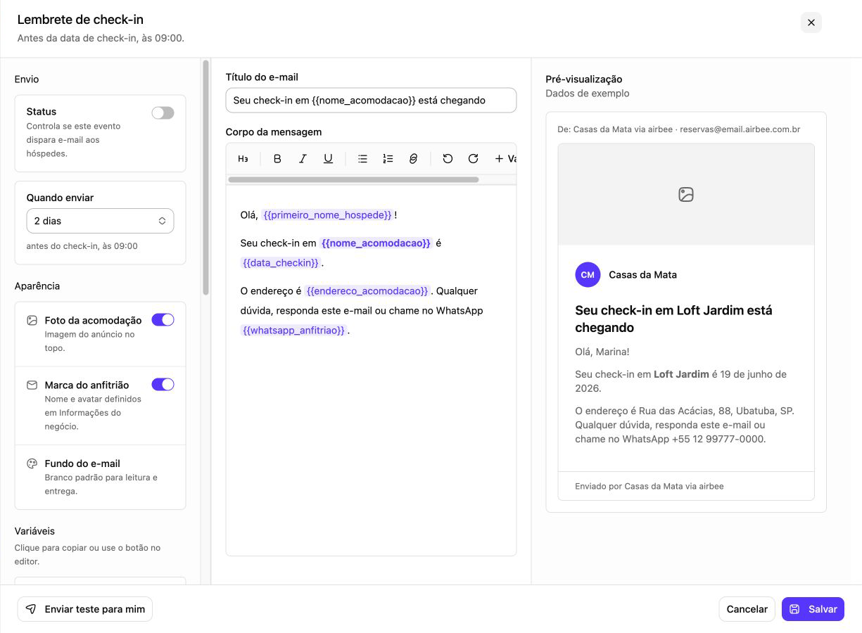 Editor de mensagem com variáveis da reserva, aparência e pré-visualização