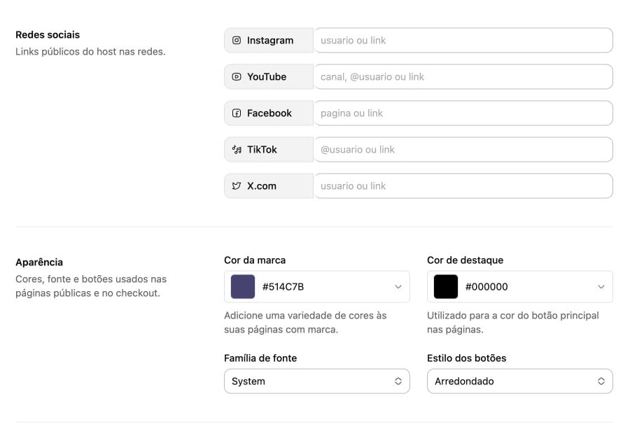 Configuração central de redes sociais, cores, fontes e botões do negócio