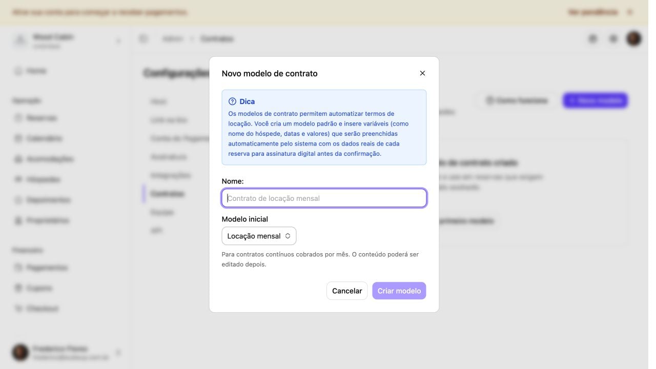 Janela para criar um modelo de contrato e escolher sua estrutura inicial