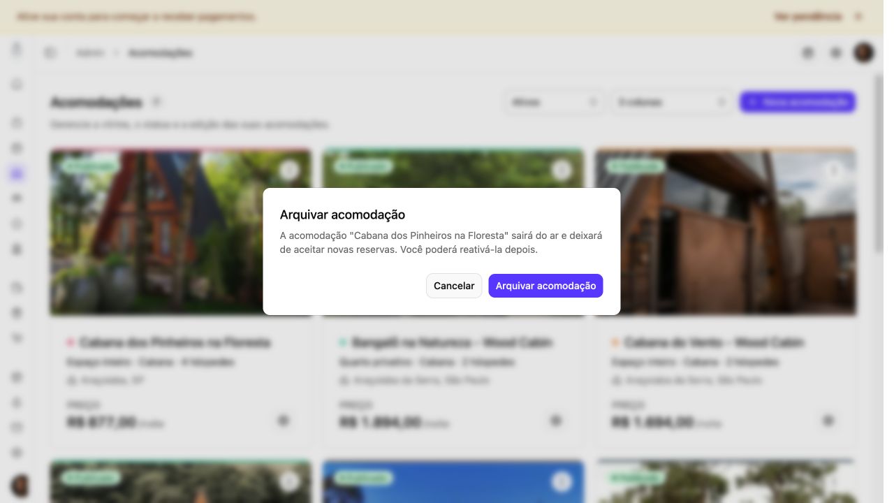 Confirmação para arquivar uma acomodação e interromper novas reservas