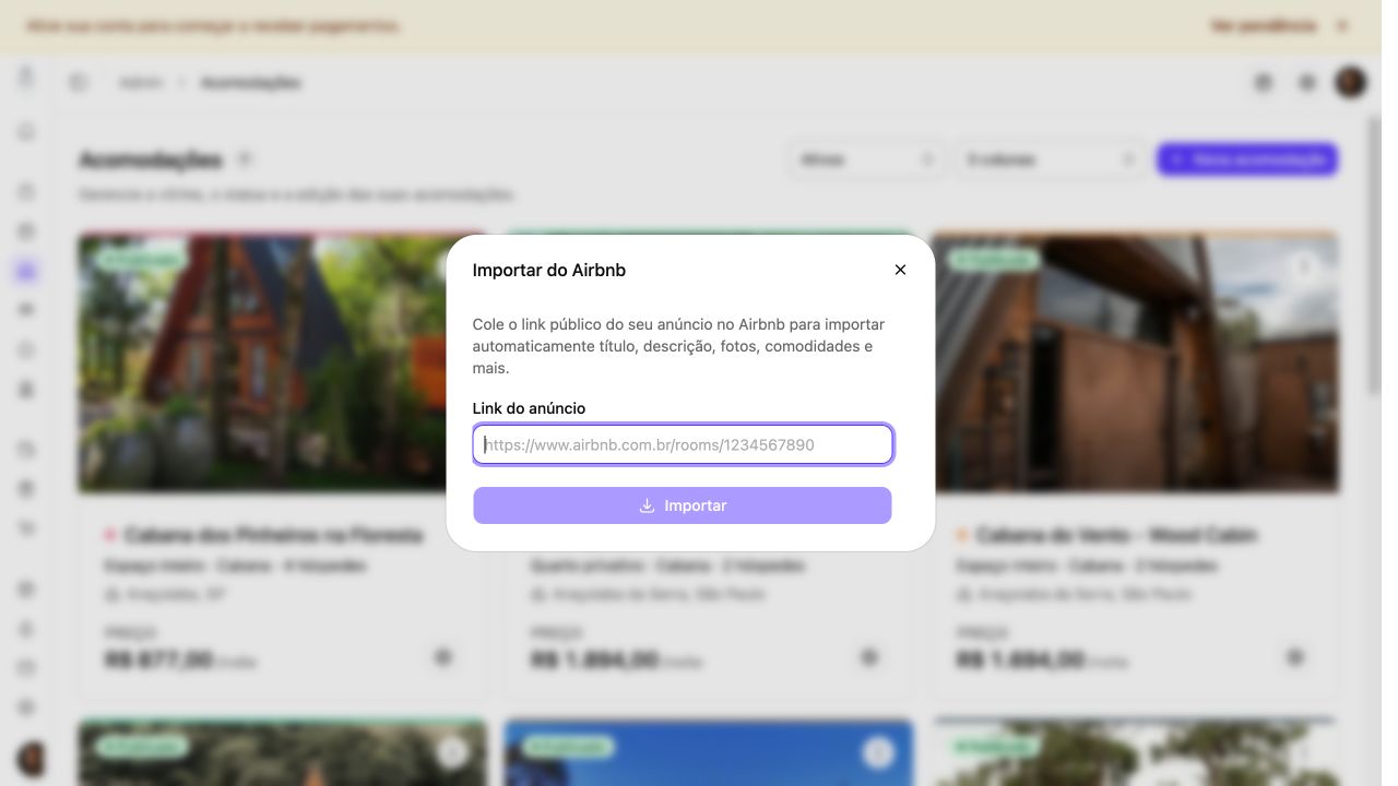 Janela de importação de acomodação com o campo Link do anúncio