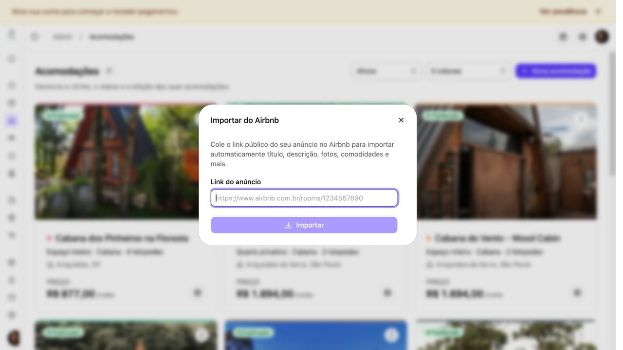 Janela de importação de acomodação com o campo Link do anúncio