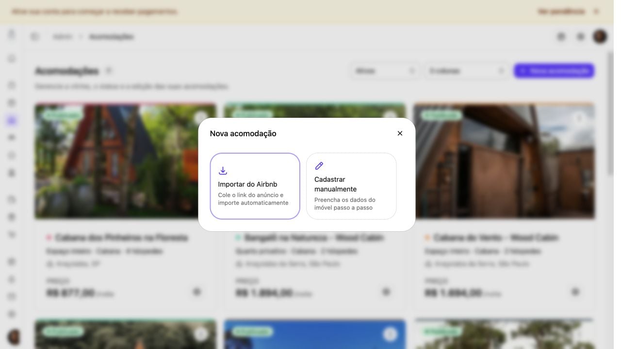 Janela Nova acomodação com as opções Importar do Airbnb e Cadastrar manualmente