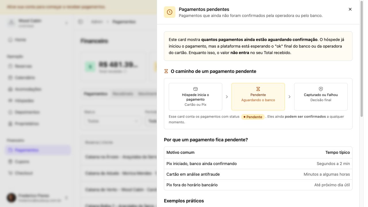 Painel explicativo do caminho de um pagamento pendente