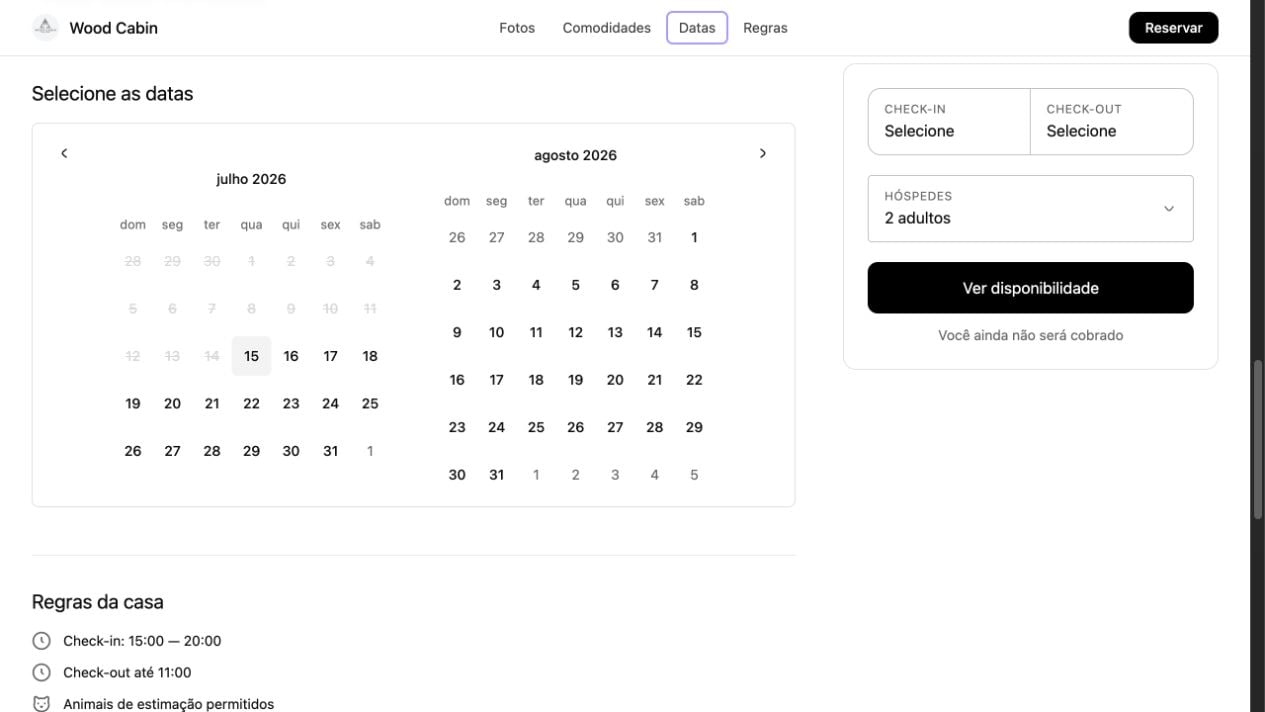 Calendário público da acomodação com seleção de check-in, check-out e hóspedes
