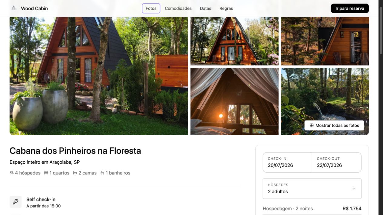 Página pública de uma cabana com galeria de fotos, informações do espaço e resumo da reserva