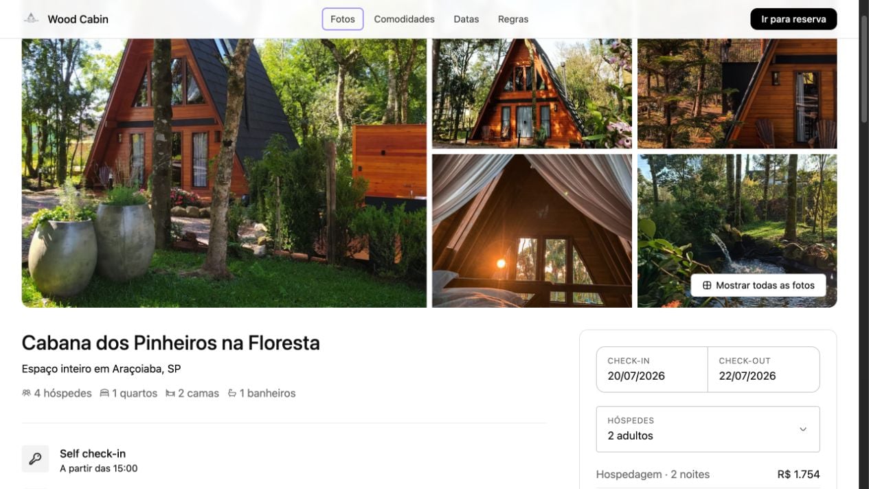 Página pública de uma cabana com galeria de fotos, informações do espaço e resumo da reserva