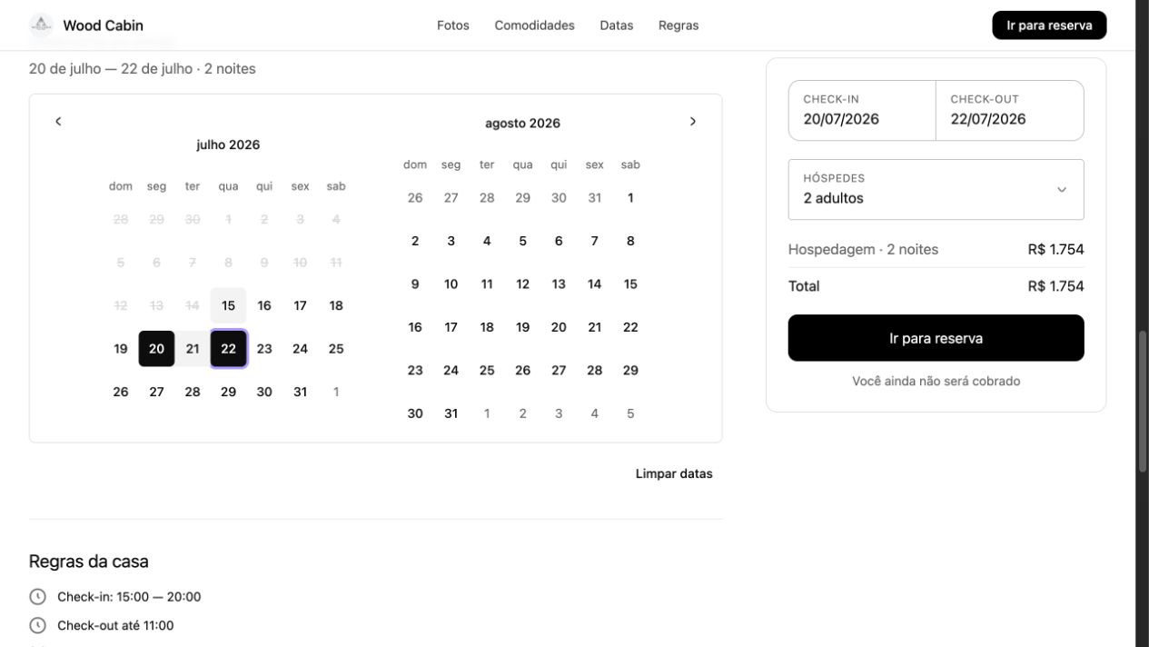 Calendário com check-in e check-out selecionados e resumo do valor da hospedagem