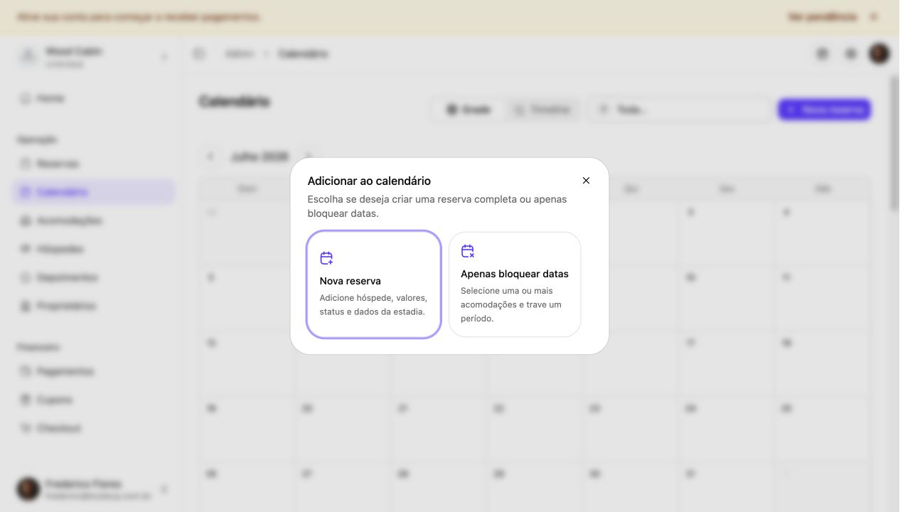 Janela Adicionar ao calendário com as opções Nova reserva e Apenas bloquear datas