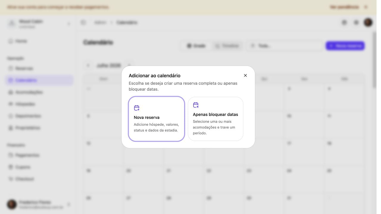 Janela Adicionar ao calendário com as opções Nova reserva e Apenas bloquear datas