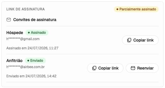 Seção Convites de assinatura com o hóspede assinado e o convite do anfitrião enviado