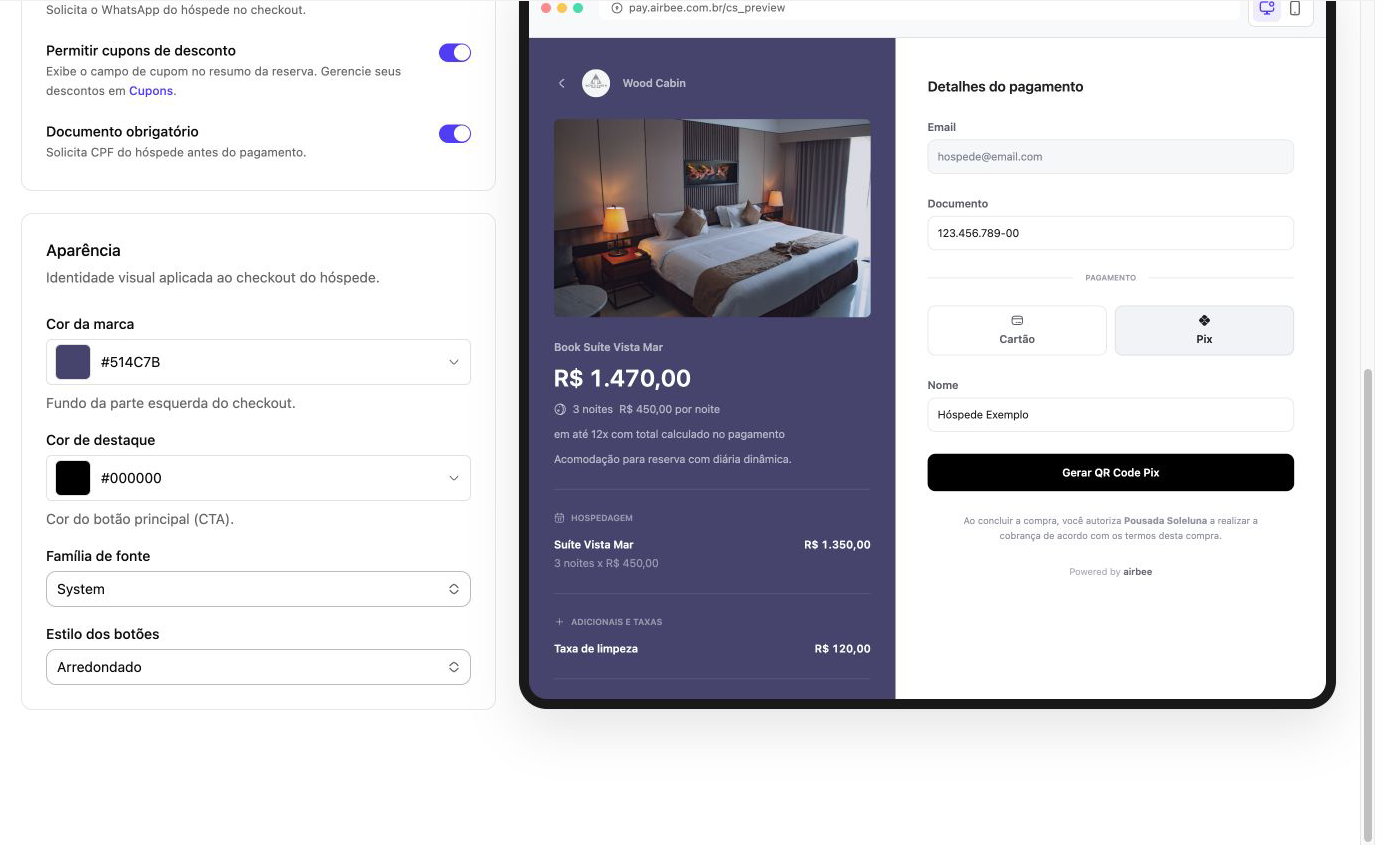 Configuração de cores, fonte e botões com prévia do checkout
