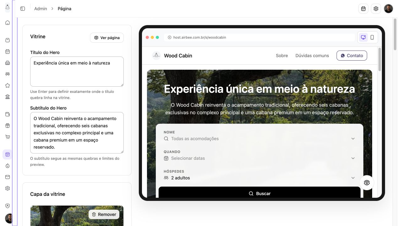 Editor da Vitrine na Airbee com campos de título e subtítulo ao lado da pré-visualização da página pública