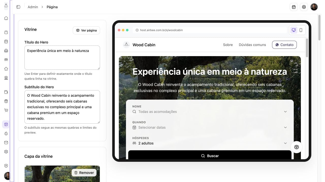 Editor da Vitrine na Airbee com campos de título e subtítulo ao lado da pré-visualização da página pública