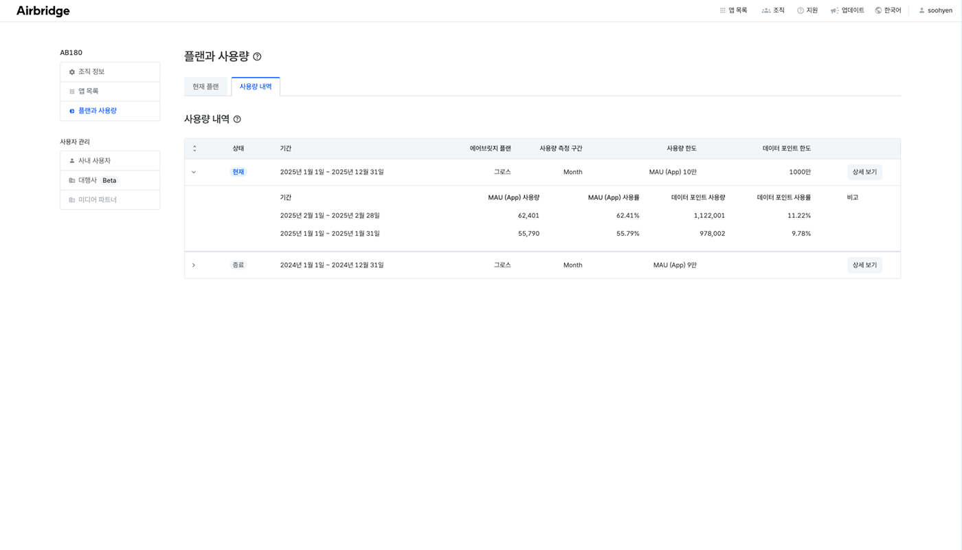 플랜과 사용량 - 사용량 내역