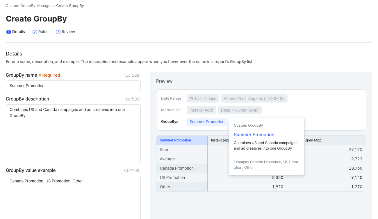 Details step with the GroupBy name, description, and example, and the Preview panel on the right