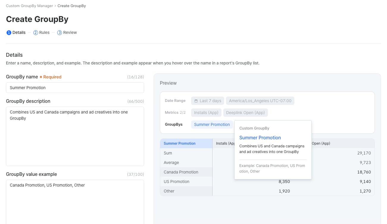 Details step with the GroupBy name, description, and example, and the Preview panel on the right