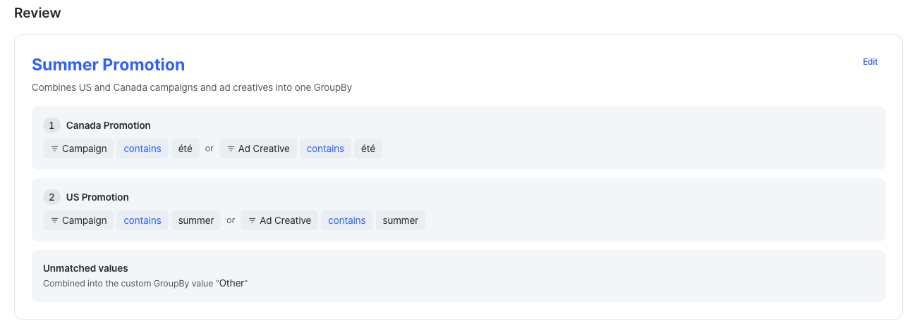 Review step showing the GroupBy info, custom GroupBy values and rules, and unmatched values
