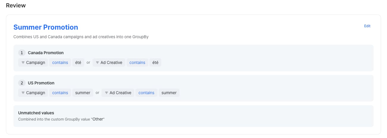Review step showing the GroupBy info, custom GroupBy values and rules, and unmatched values