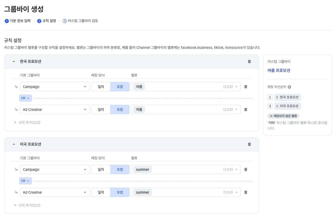 한국 프로모션과 미국 프로모션 커스텀 그룹바이 밸류의 규칙을 설정한 규칙 설정 화면