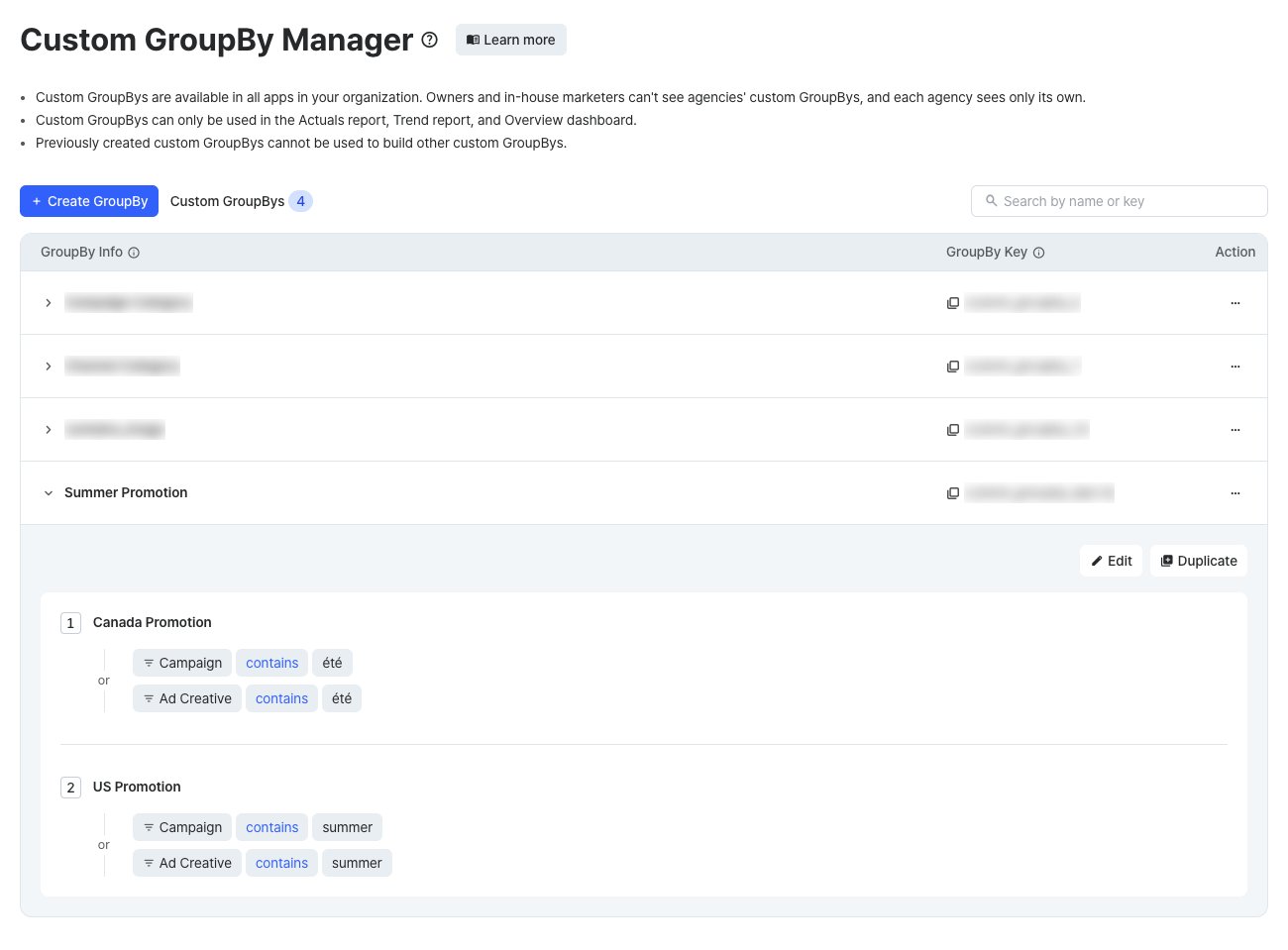 Custom GroupBy Manager list with the GroupBy Info, GroupBy Key, and Action columns