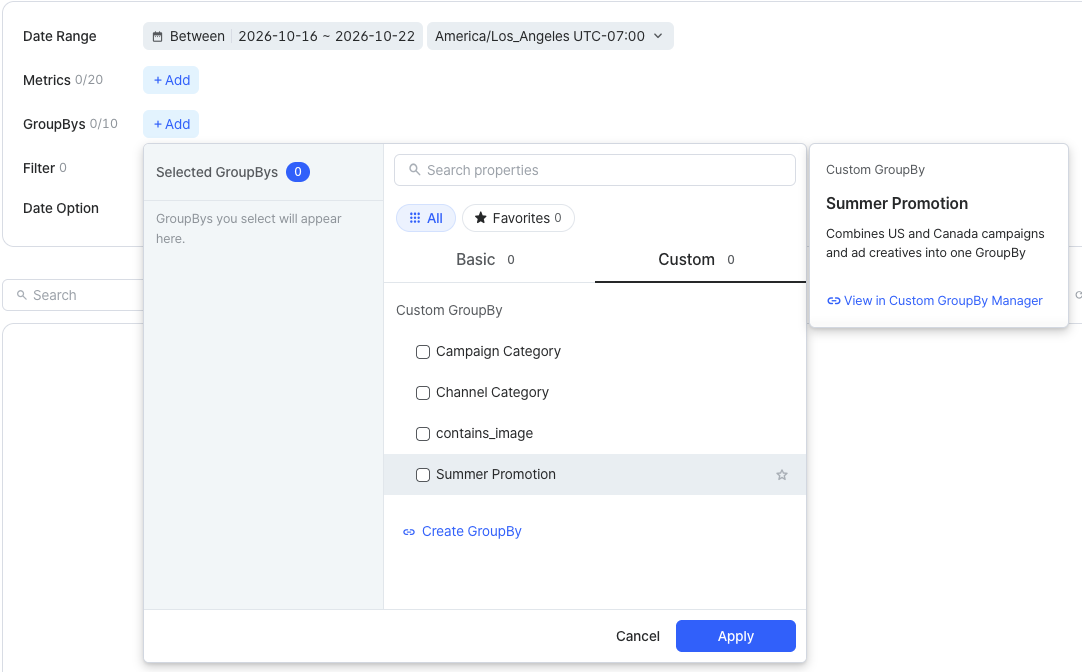 Custom tab open in the GroupBy selector of the report settings