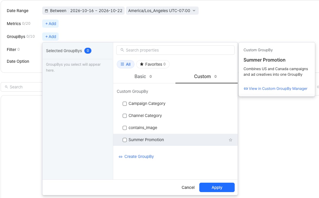 Custom tab open in the GroupBy selector of the report settings
