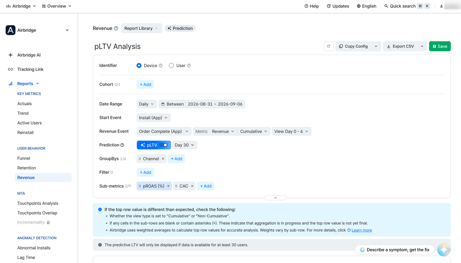 Revenue Report settings with pLTV enabled