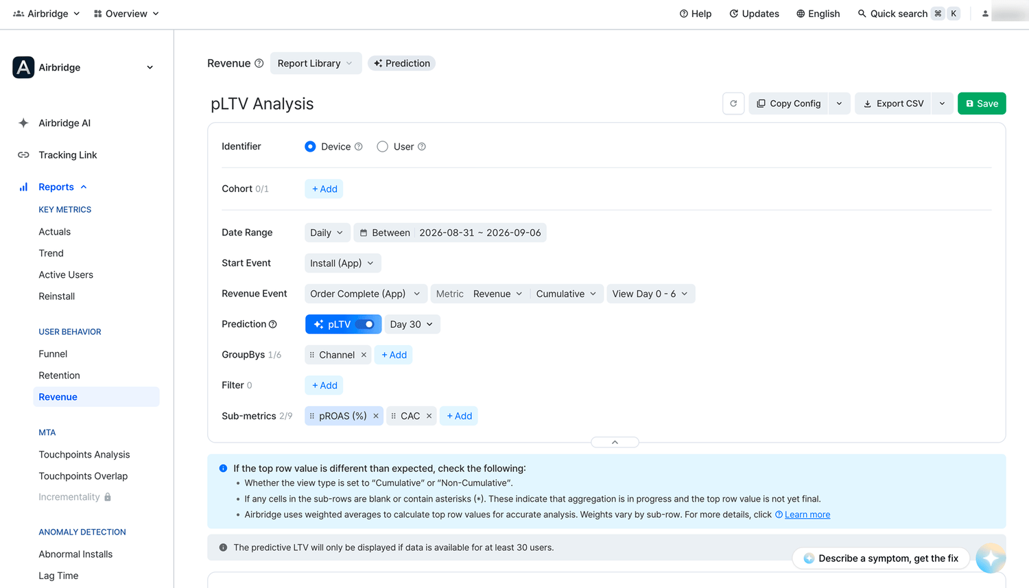 Revenue Report settings with pLTV enabled