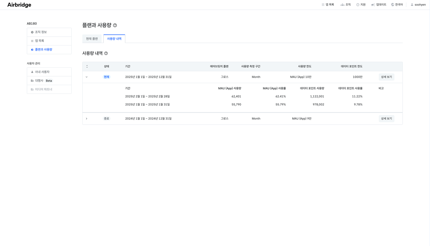 플랜과 사용량 - 사용량 내역