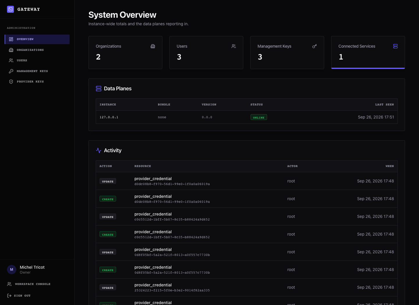 Instance overview showing one organization, an online connected service, and recent activity