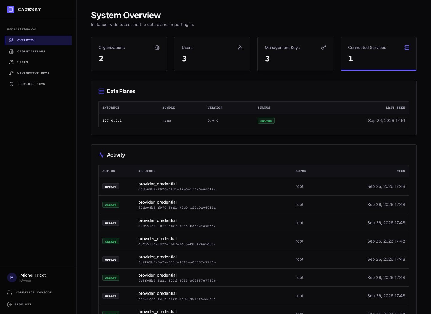 Instance overview showing one organization, an online connected service, and recent activity