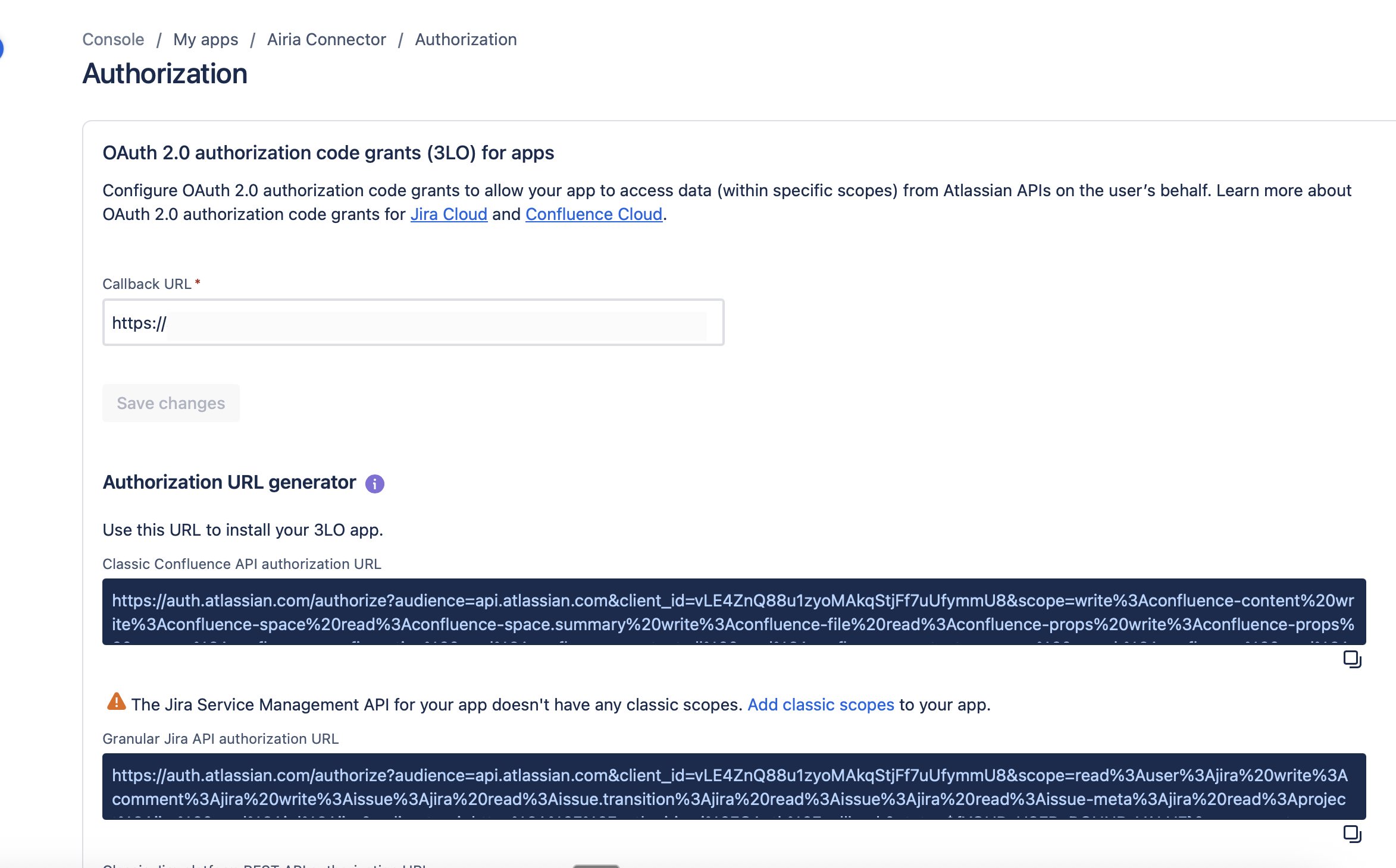 Callback URL section with URL entered