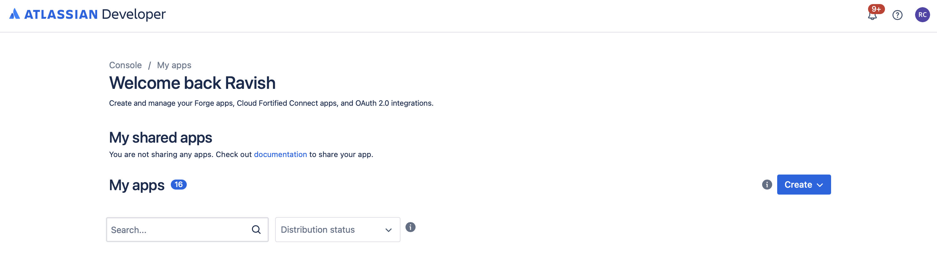 Atlassian Developer Console dashboard