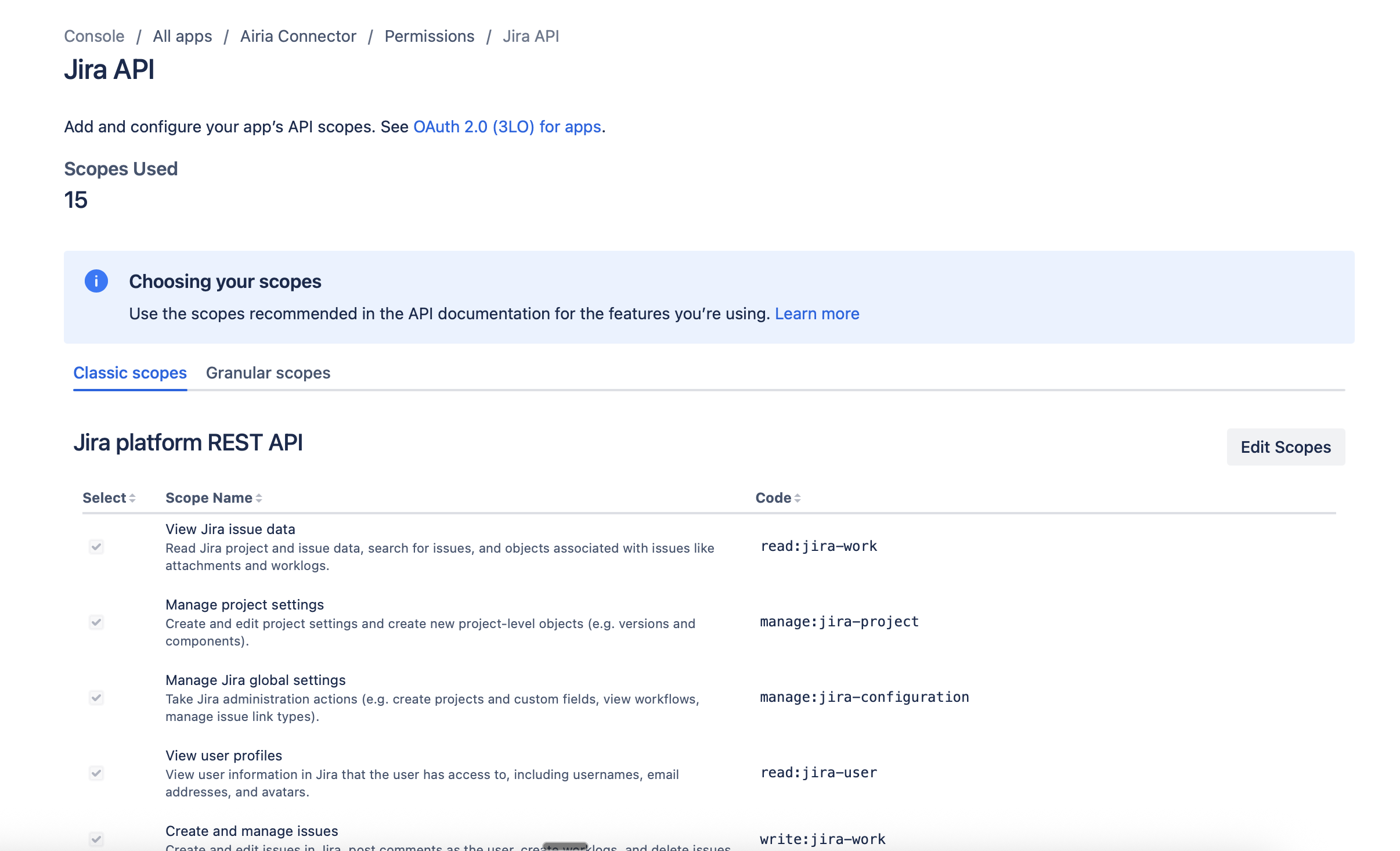 Jira API scopes selection