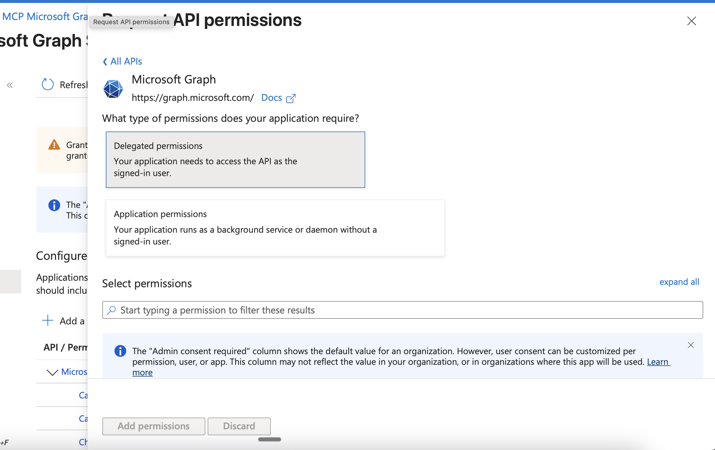 API permissions page