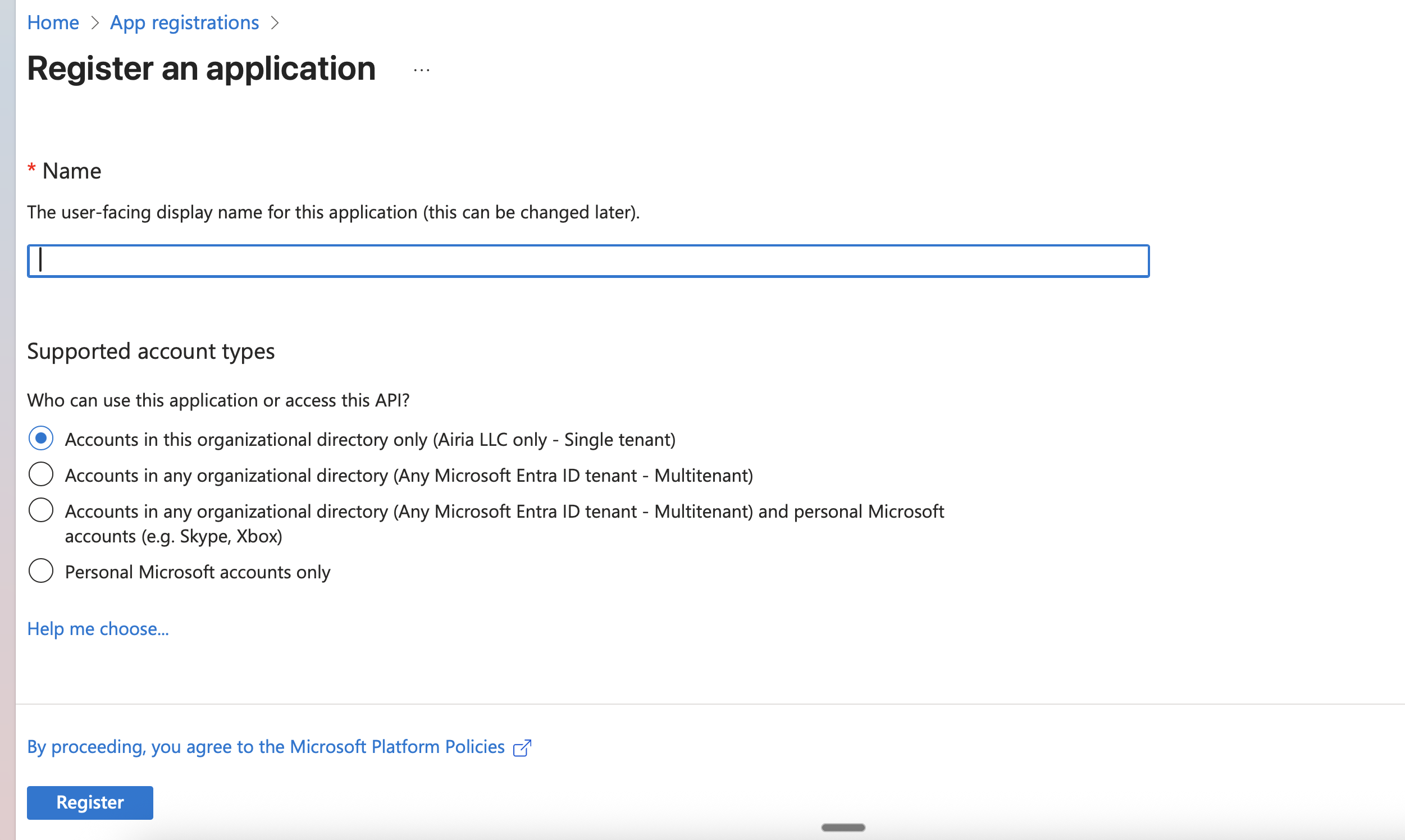 App registrations page with New registration button