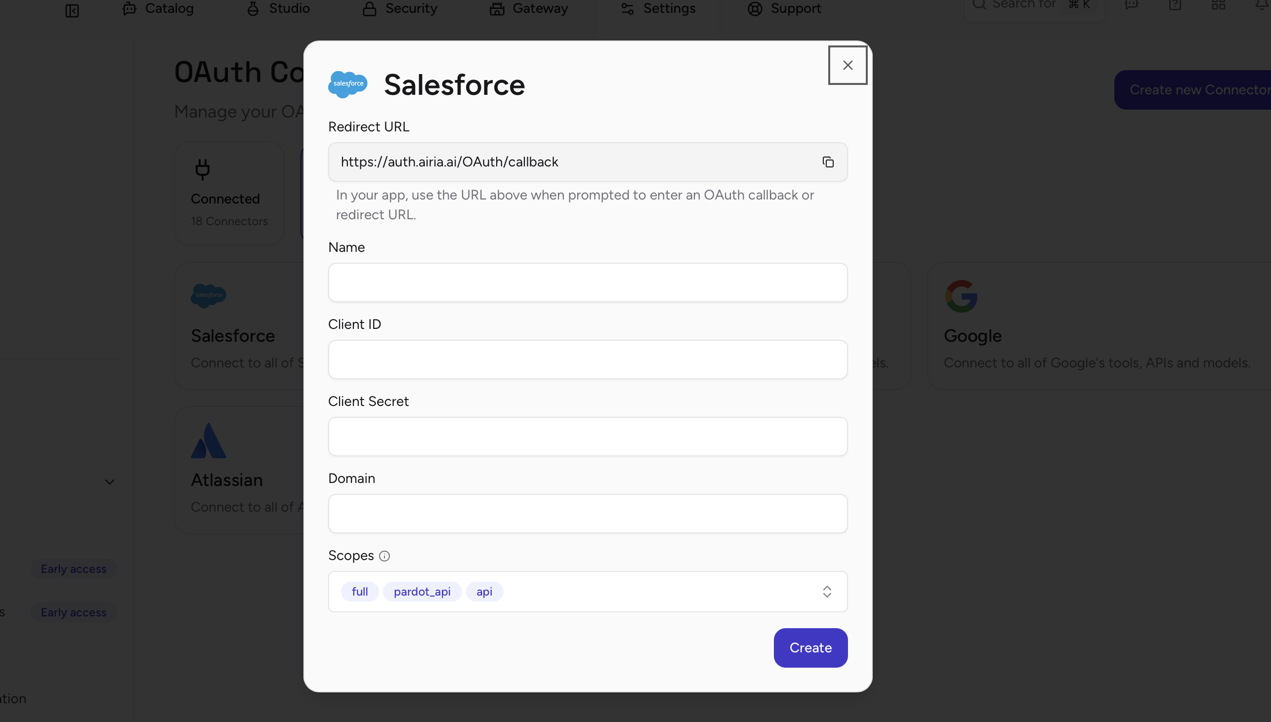 Airia OAuth configuration form for Salesforce