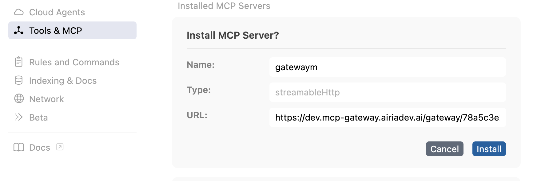 Airia Deployed Agents MCP in a third-party MCP client (Cursor)