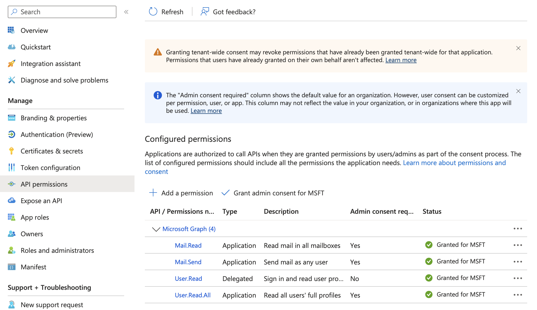 API permissions page